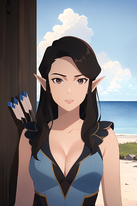 3978522340-2719987633-vox machina style, (very detailed background_1.5), outdoors,_1girl, solo, pointy ears, breasts, cleavage, arrow _(projectile_),.png